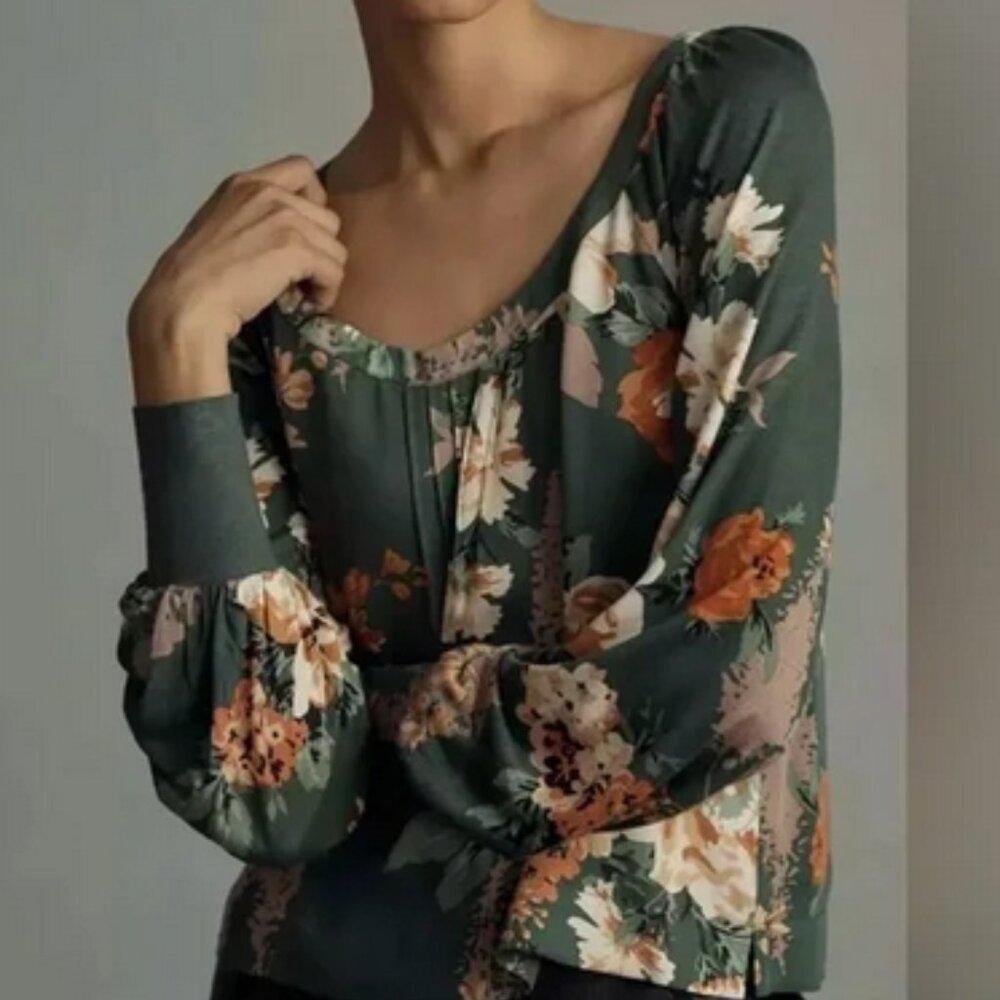 Anthropologie TINY green floral long-sleeve top, Sz XS.